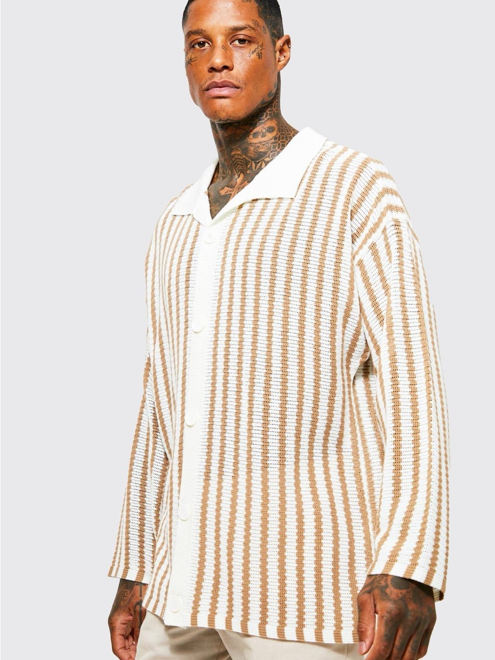 BoohooMAN Cream & Tan Striped Knit Shirt Jacket